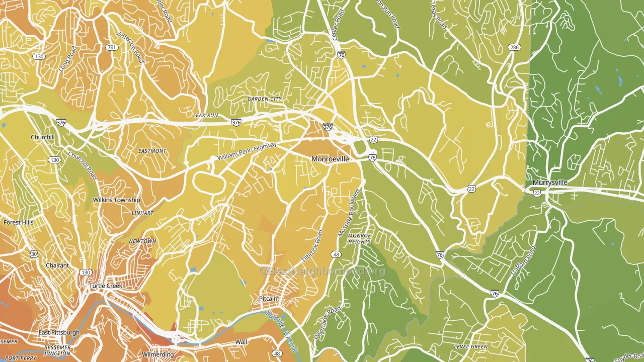 Map of the best neighborhoods in the 15146 area, with better matches in green and worse matches in red