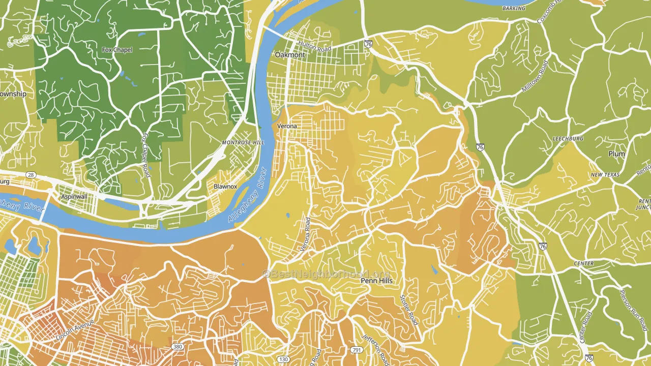 Map of the best neighborhoods in the 15147 area, with better matches in green and worse matches in red
