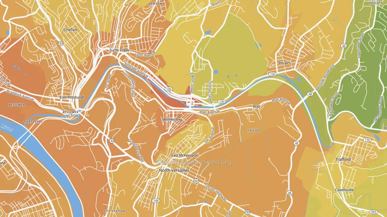 Map of the best neighborhoods in the 15148 area, with better matches in green and worse matches in red