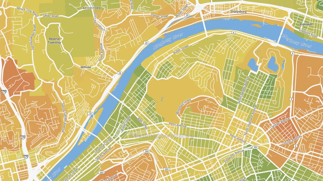 Map of the best neighborhoods in the 15201 area, with better matches in green and worse matches in red