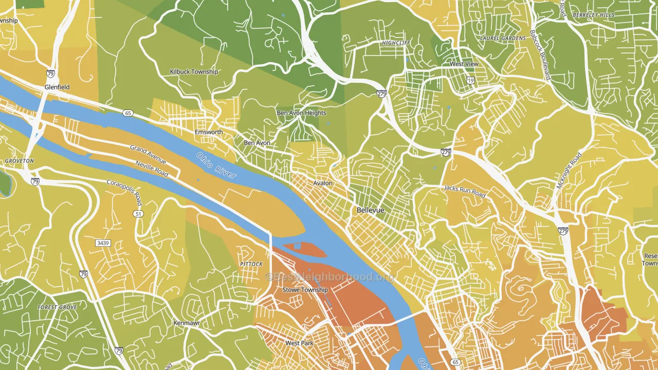 Map of the best neighborhoods in the 15202 area, with better matches in green and worse matches in red