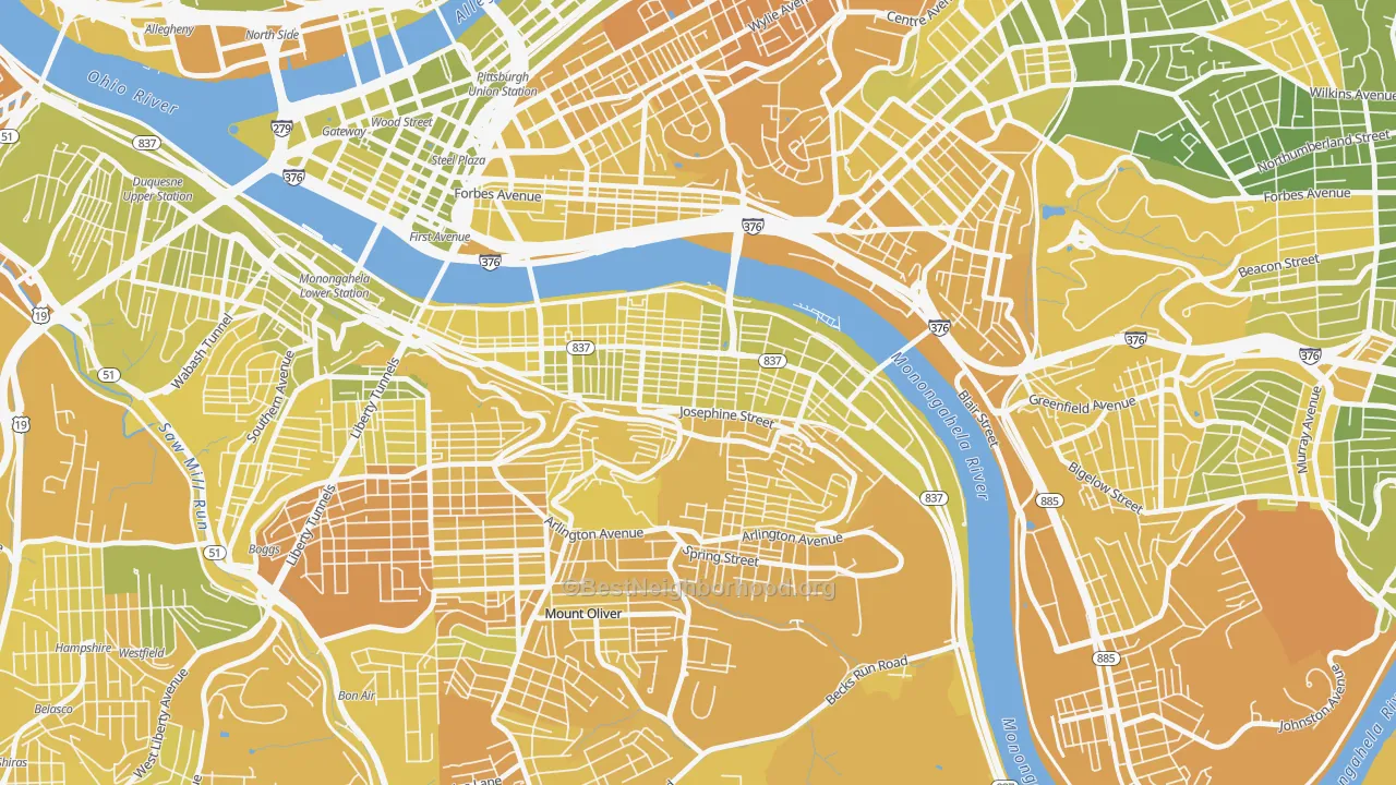 Map of the best neighborhoods in the 15203 area, with better matches in green and worse matches in red