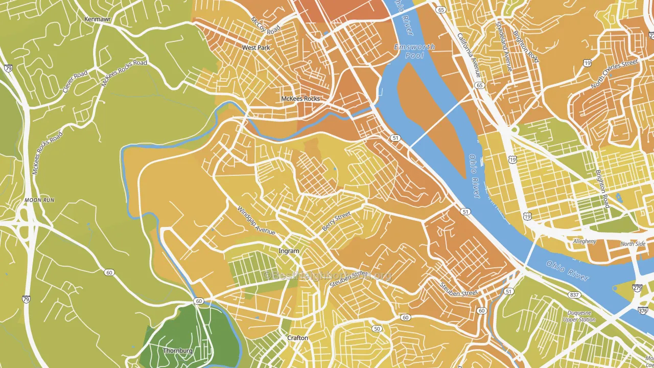 Map of the best neighborhoods in the 15204 area, with better matches in green and worse matches in red