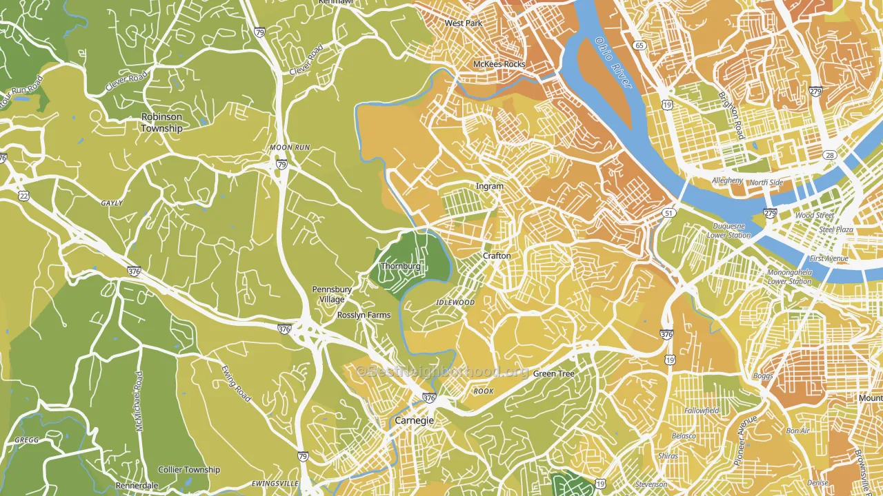 Map of the best neighborhoods in the 15205 area, with better matches in green and worse matches in red