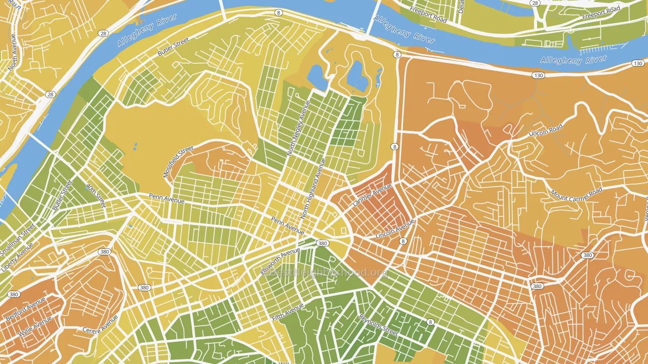 Map of the best neighborhoods in the 15206 area, with better matches in green and worse matches in red