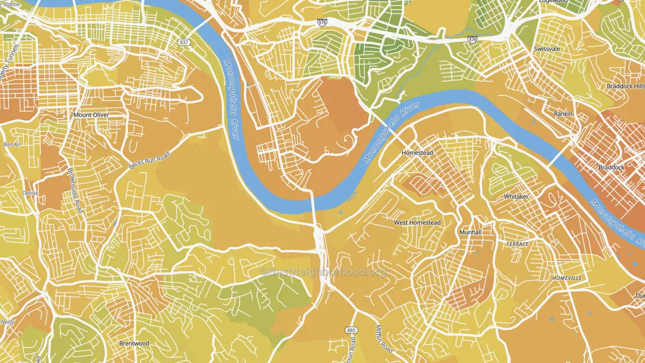 Map of the best neighborhoods in the 15207 area, with better matches in green and worse matches in red