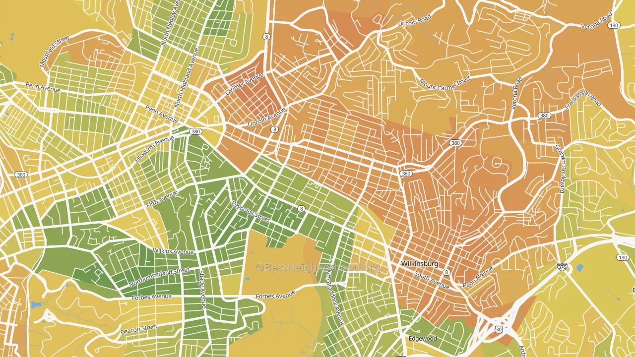 Map of the best neighborhoods in the 15208 area, with better matches in green and worse matches in red