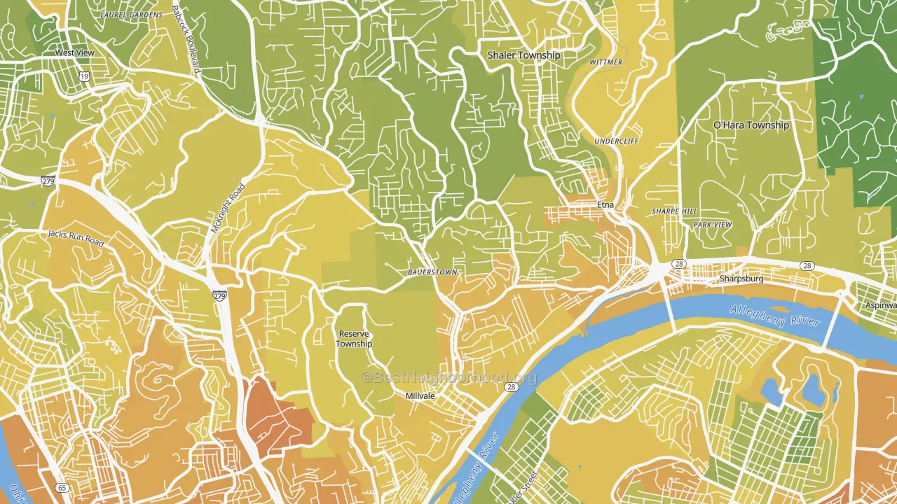 Map of the best neighborhoods in the 15209 area, with better matches in green and worse matches in red