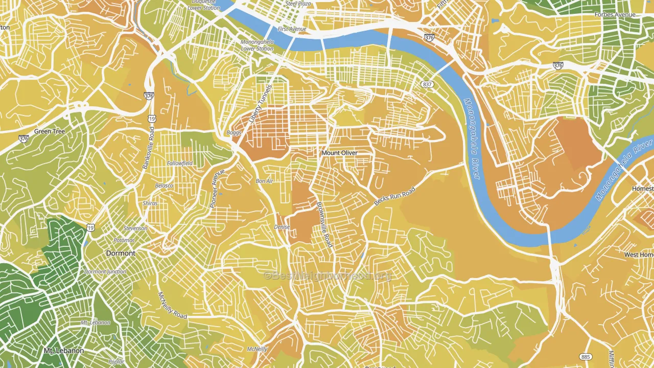Map of the best neighborhoods in the 15210 area, with better matches in green and worse matches in red
