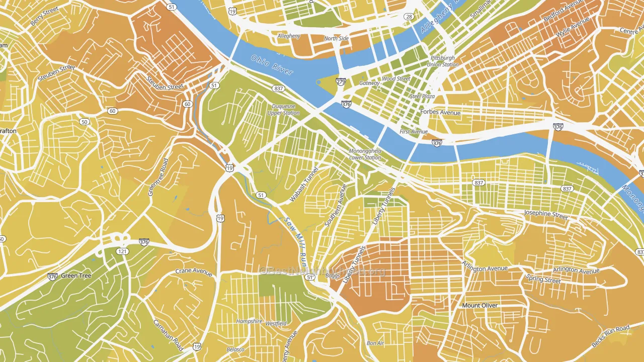 Map of the best neighborhoods in the 15211 area, with better matches in green and worse matches in red