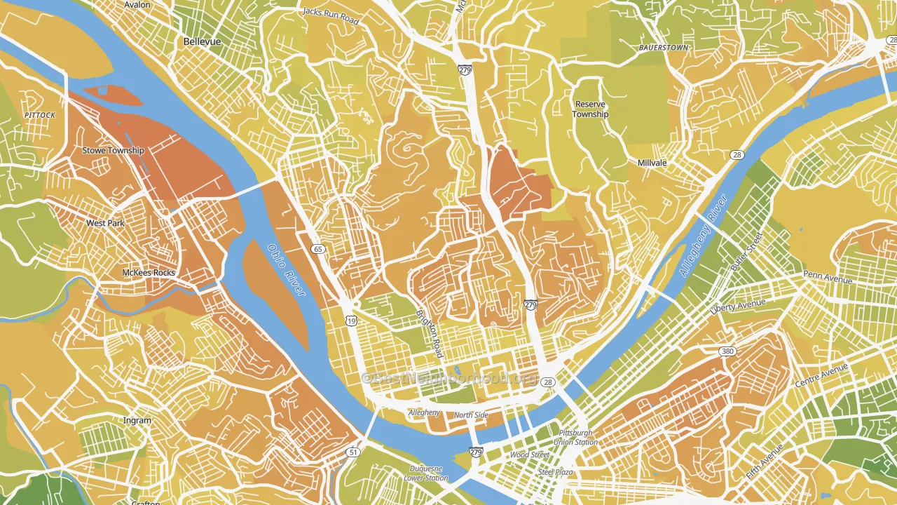 Map of the best neighborhoods in the 15212 area, with better matches in green and worse matches in red