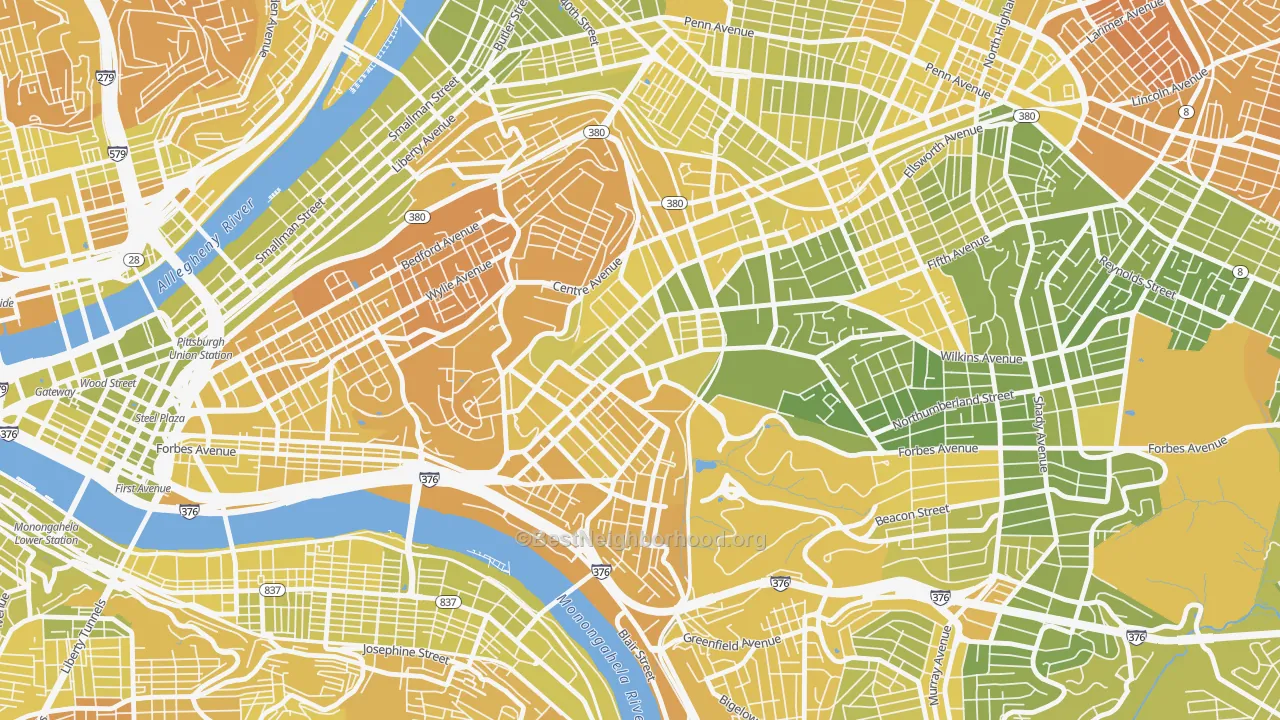 Map of the best neighborhoods in the 15213 area, with better matches in green and worse matches in red