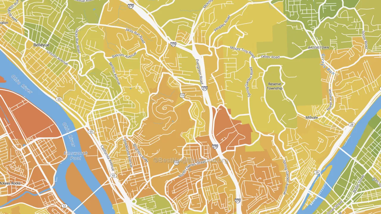 Map of the best neighborhoods in the 15214 area, with better matches in green and worse matches in red