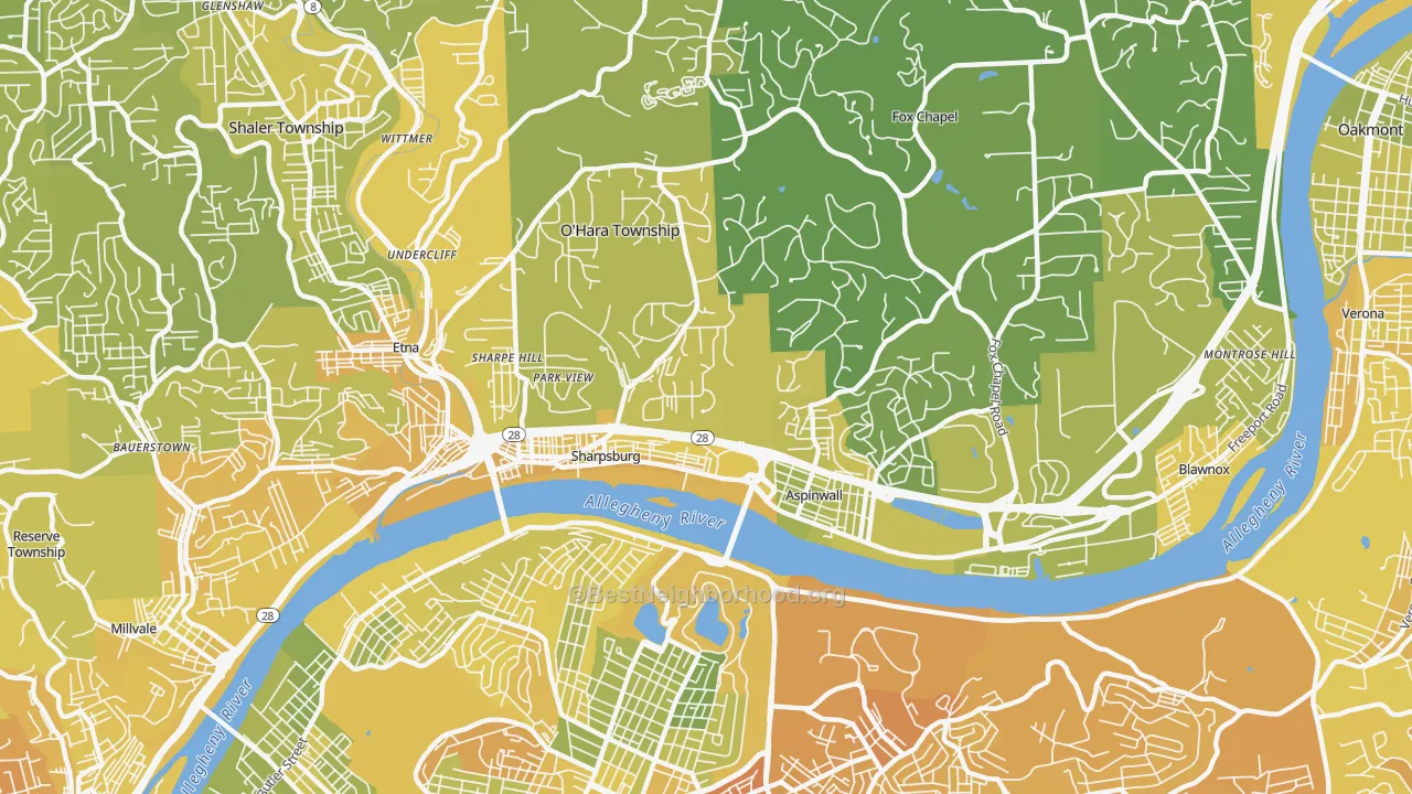 Map of the best neighborhoods in the 15215 area, with better matches in green and worse matches in red