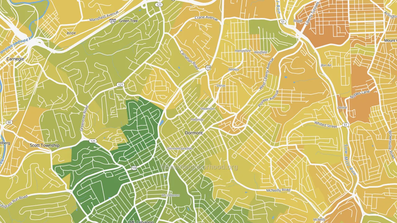 Map of the best neighborhoods in the 15216 area, with better matches in green and worse matches in red
