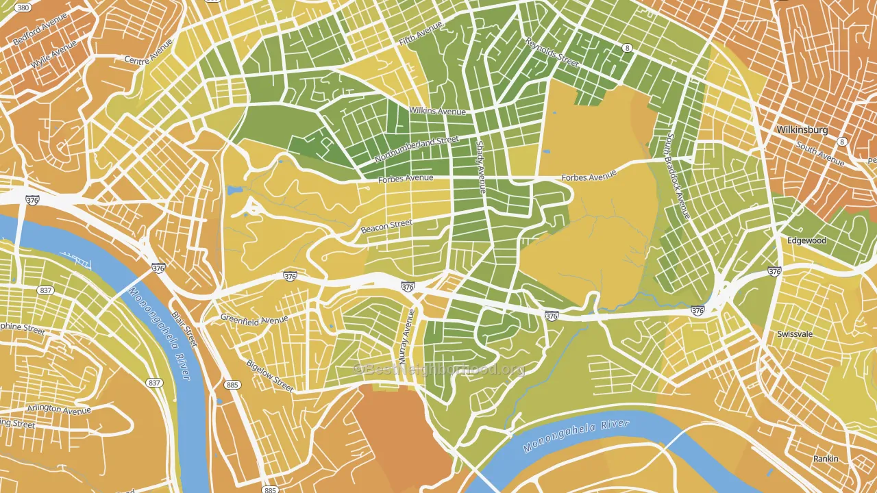 Map of the best neighborhoods in the 15217 area, with better matches in green and worse matches in red