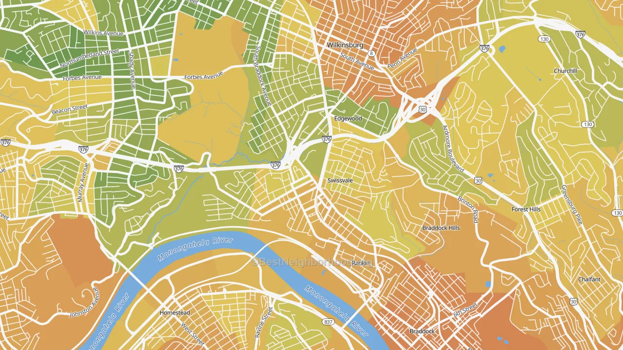 Map of the best neighborhoods in the 15218 area, with better matches in green and worse matches in red