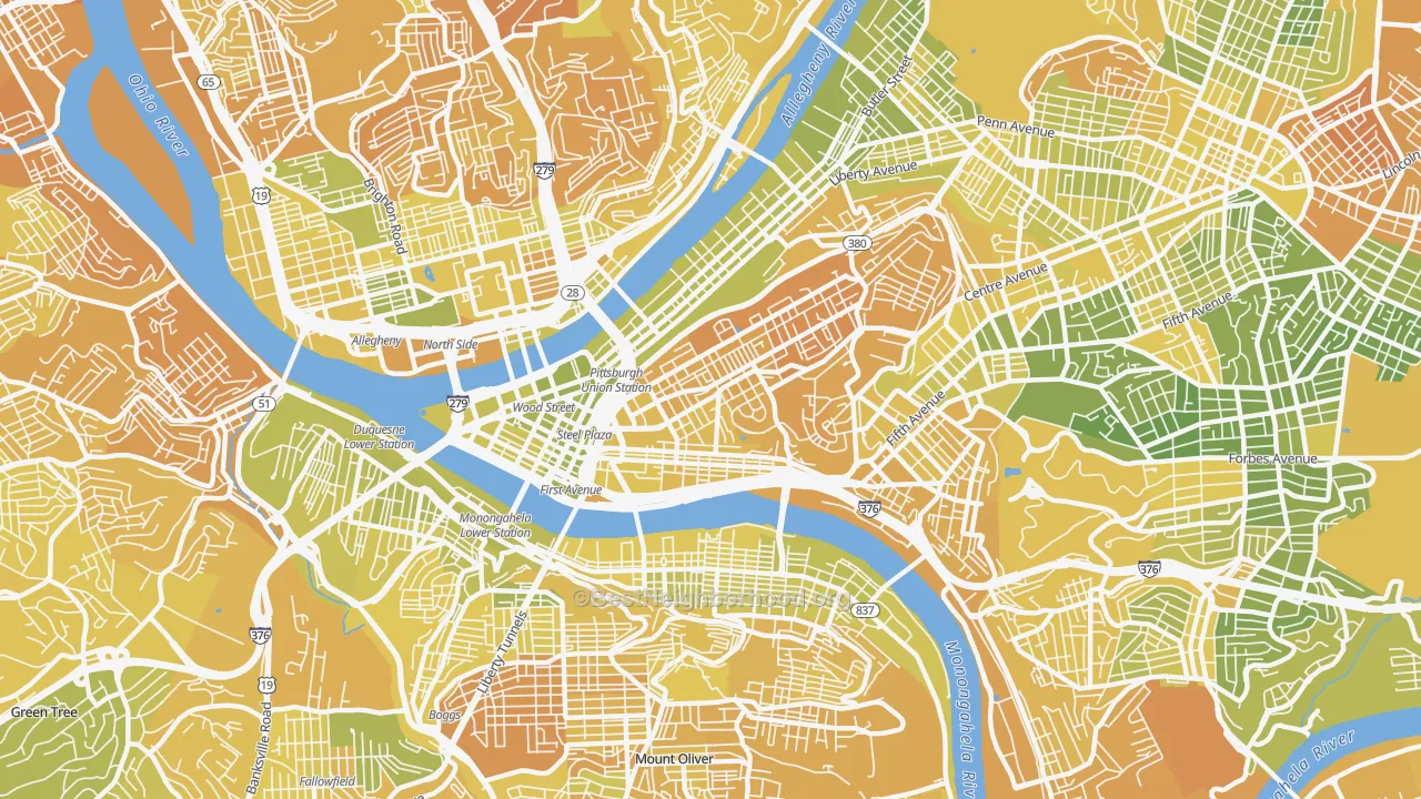 Map of the best neighborhoods in the 15219 area, with better matches in green and worse matches in red