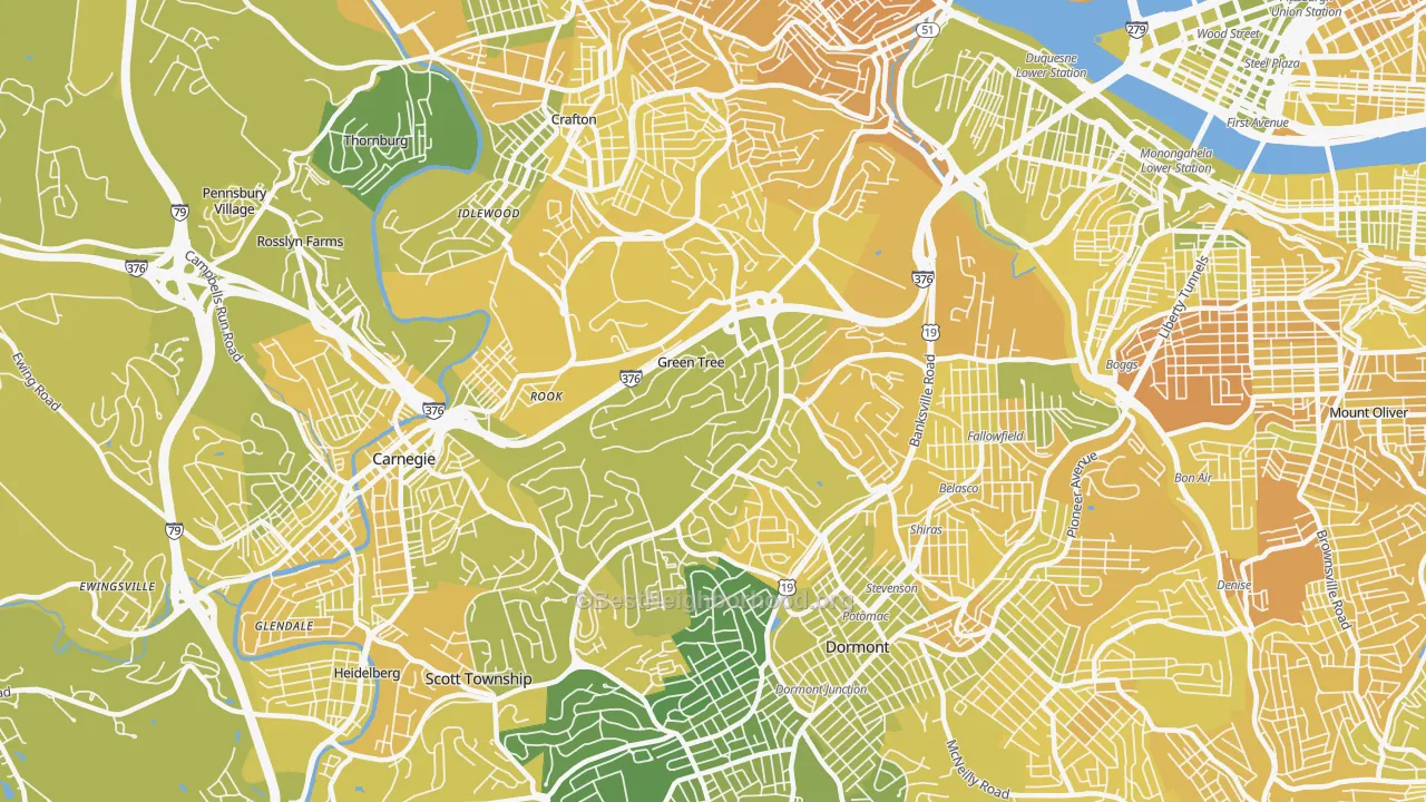 Map of the best neighborhoods in the 15220 area, with better matches in green and worse matches in red