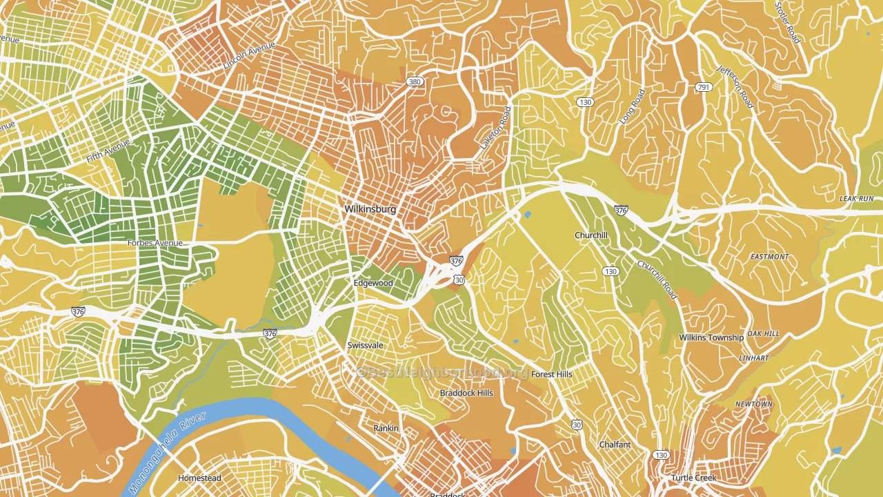 Map of the best neighborhoods in the 15221 area, with better matches in green and worse matches in red