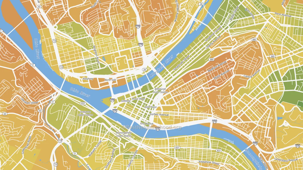 Map of the best neighborhoods in the 15222 area, with better matches in green and worse matches in red