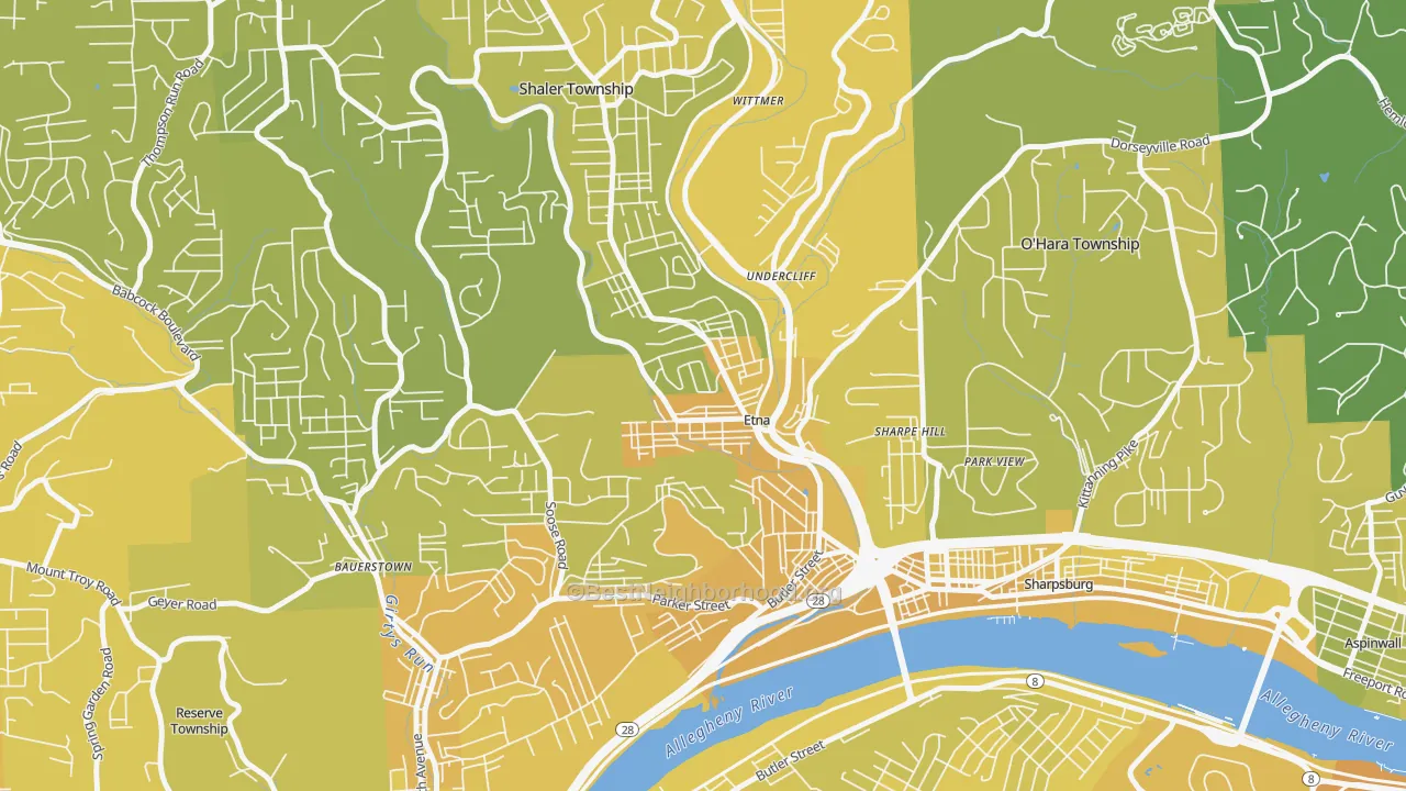 Map of the best neighborhoods in the 15223 area, with better matches in green and worse matches in red