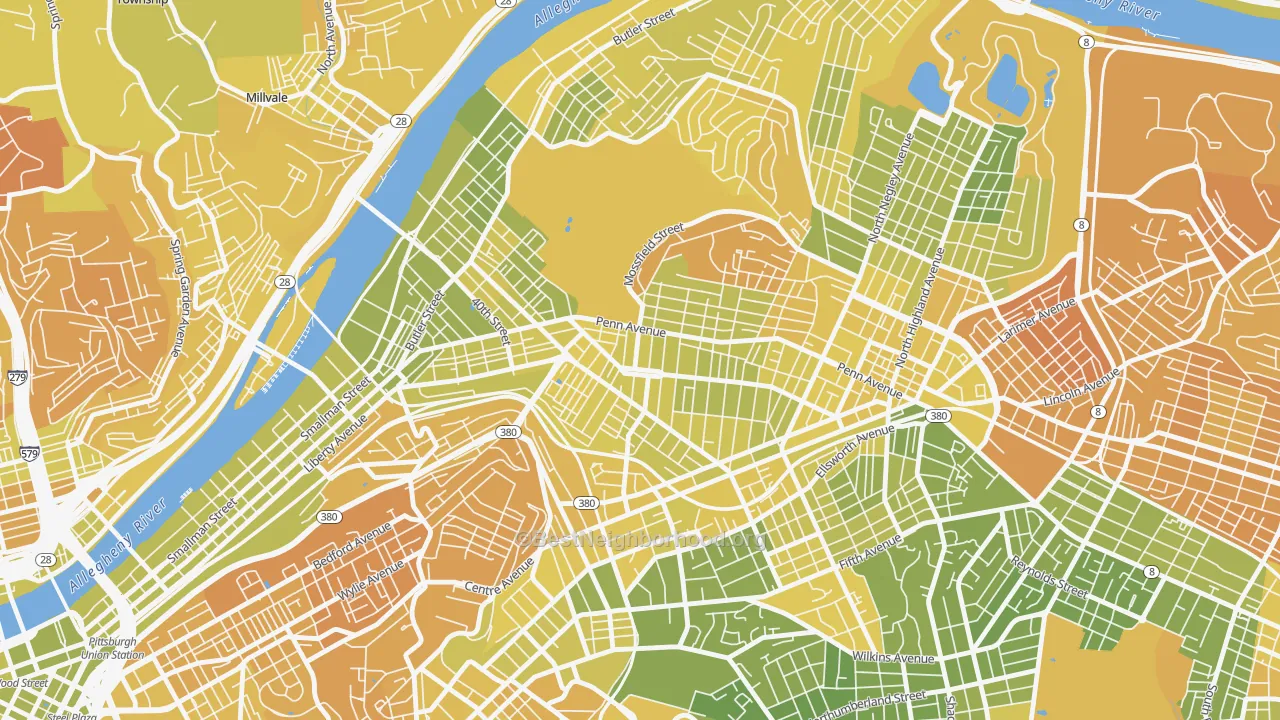 Map of the best neighborhoods in the 15224 area, with better matches in green and worse matches in red