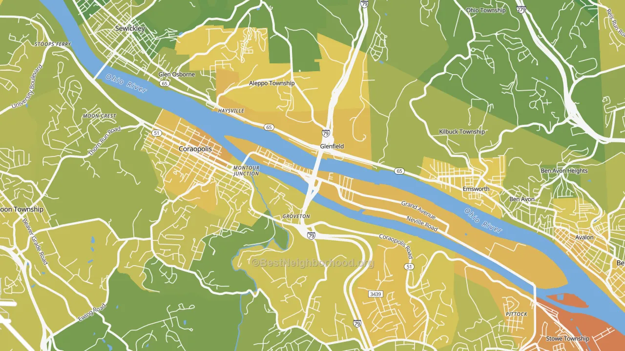 Map of the best neighborhoods in the 15225 area, with better matches in green and worse matches in red