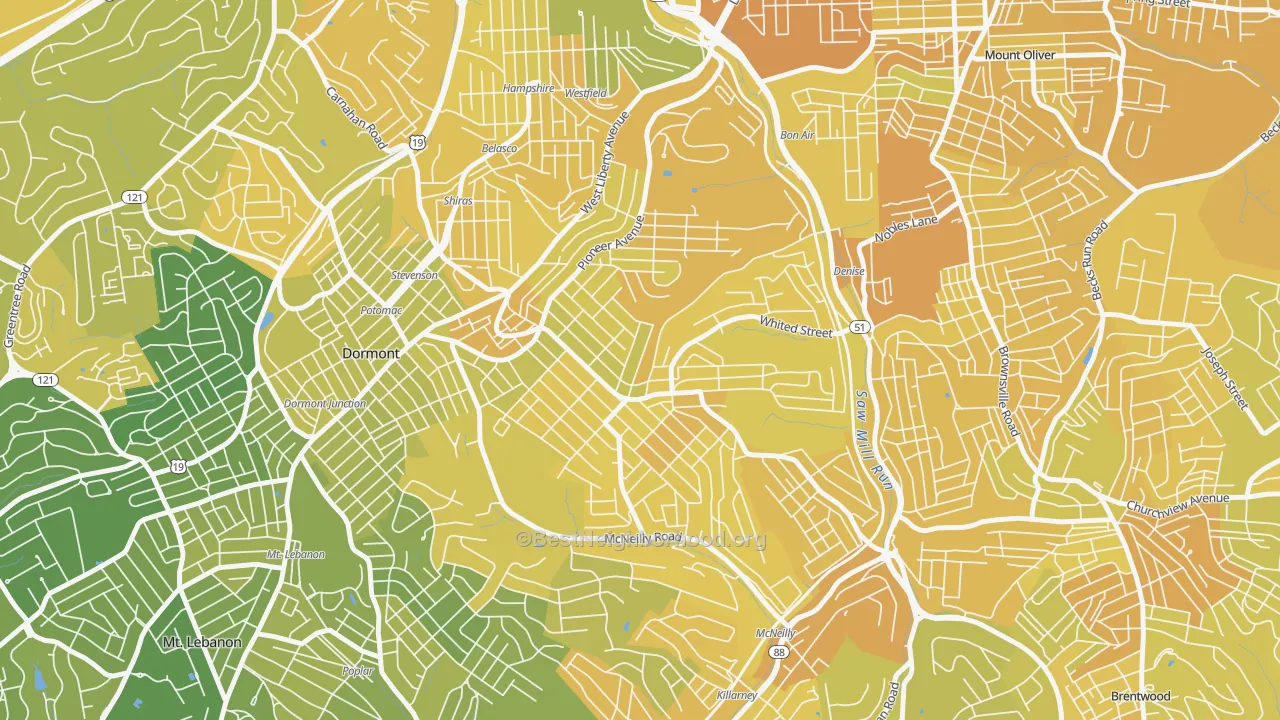 Map of the best neighborhoods in the 15226 area, with better matches in green and worse matches in red