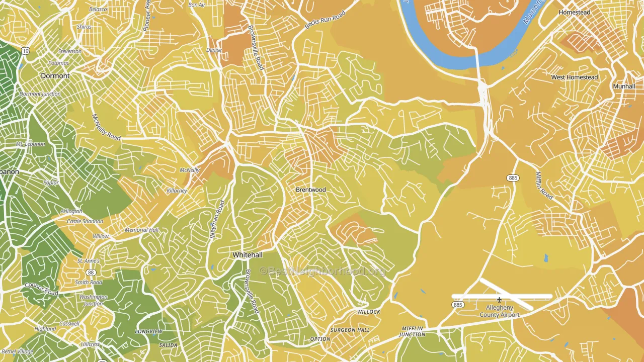 Map of the best neighborhoods in the 15227 area, with better matches in green and worse matches in red