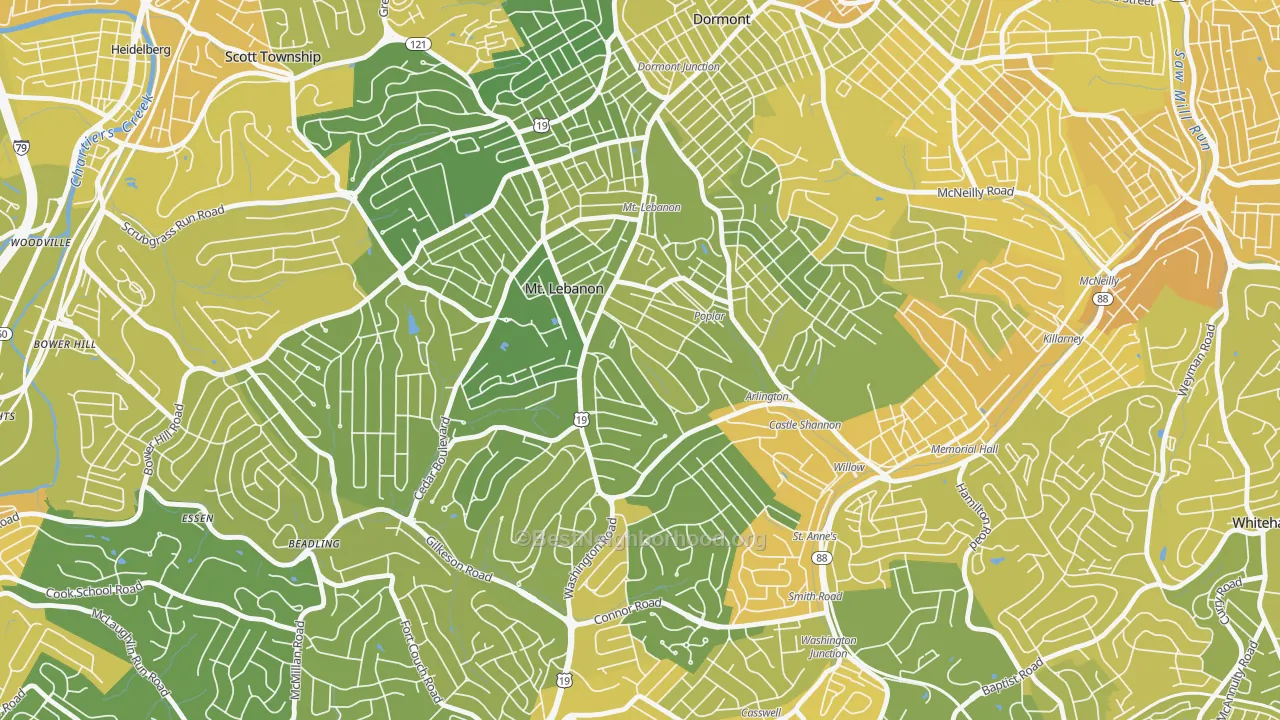 Map of the best neighborhoods in the 15228 area, with better matches in green and worse matches in red