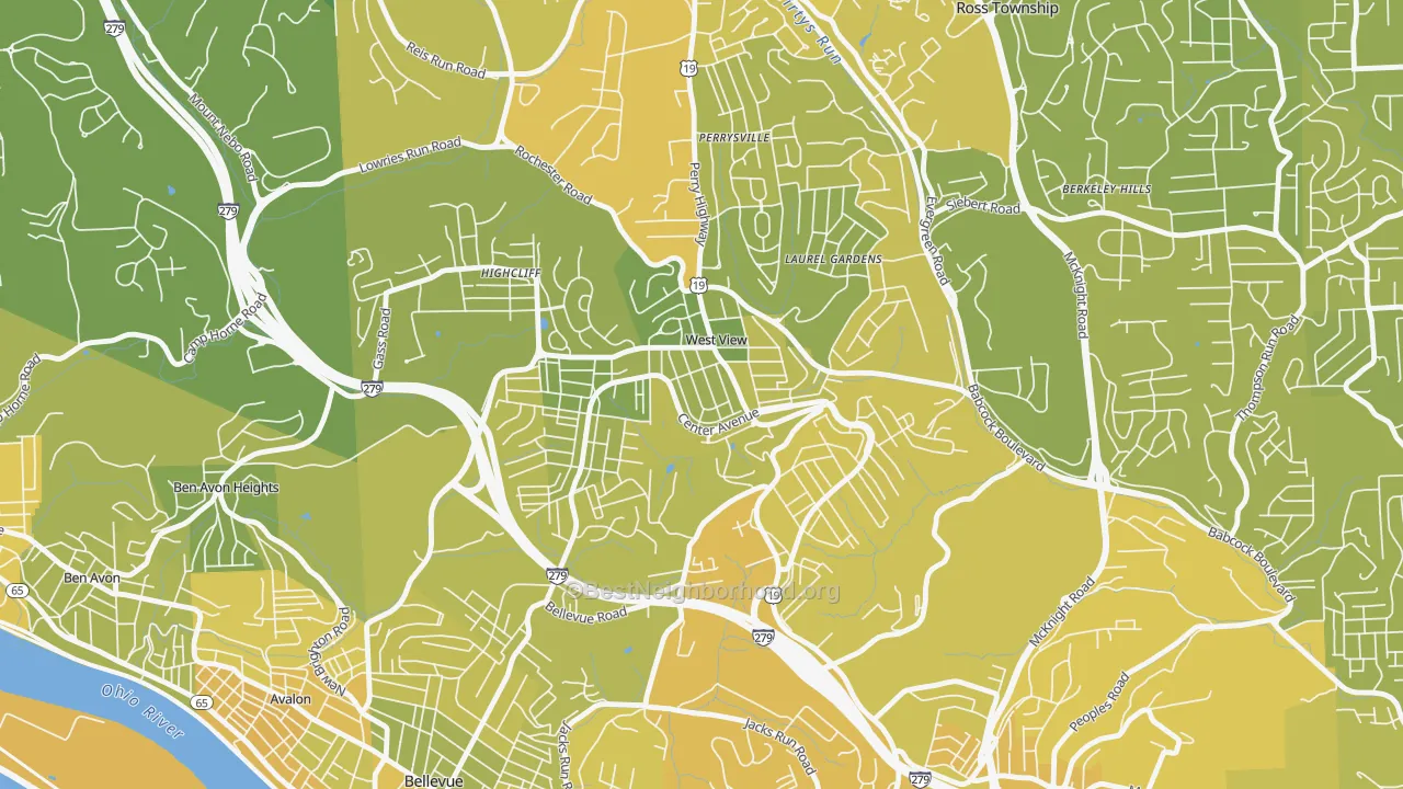 Map of the best neighborhoods in the 15229 area, with better matches in green and worse matches in red