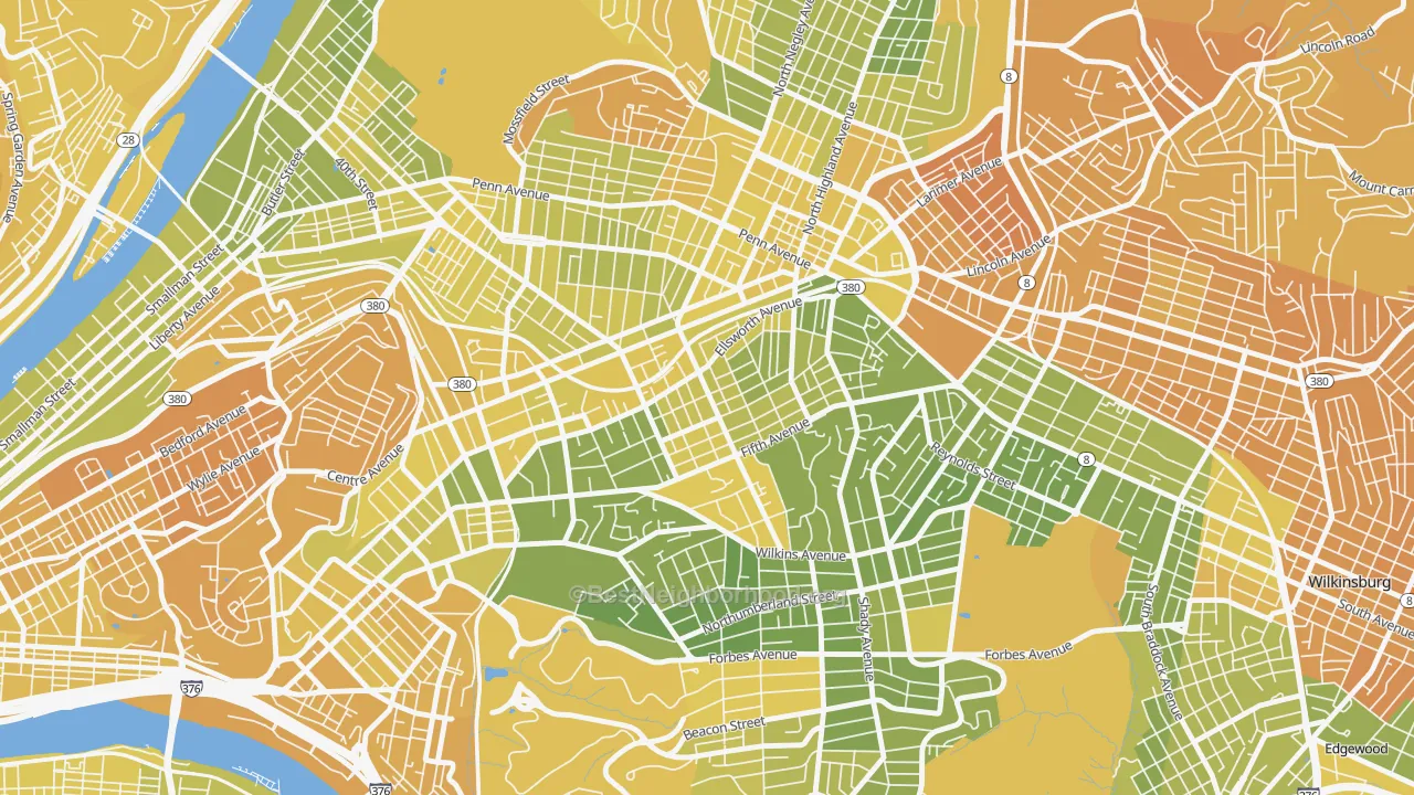 Map of the best neighborhoods in the 15232 area, with better matches in green and worse matches in red