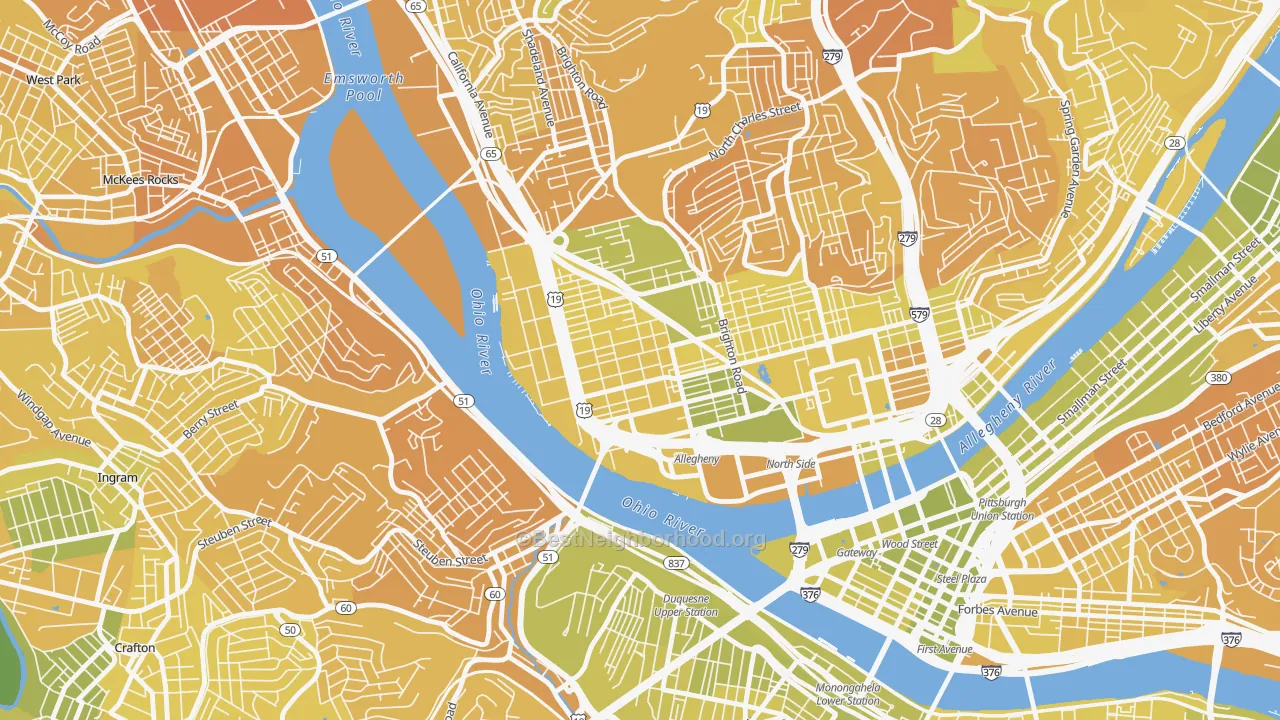 Map of the best neighborhoods in the 15233 area, with better matches in green and worse matches in red