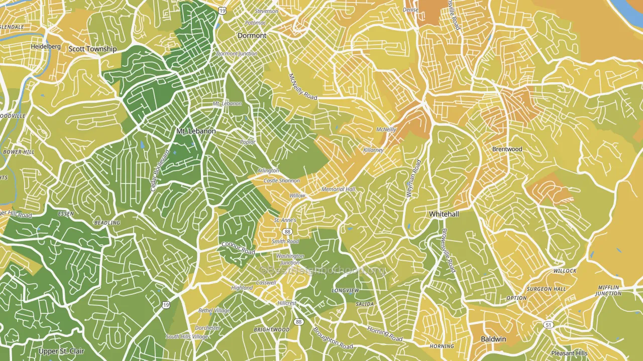 Map of the best neighborhoods in the 15234 area, with better matches in green and worse matches in red