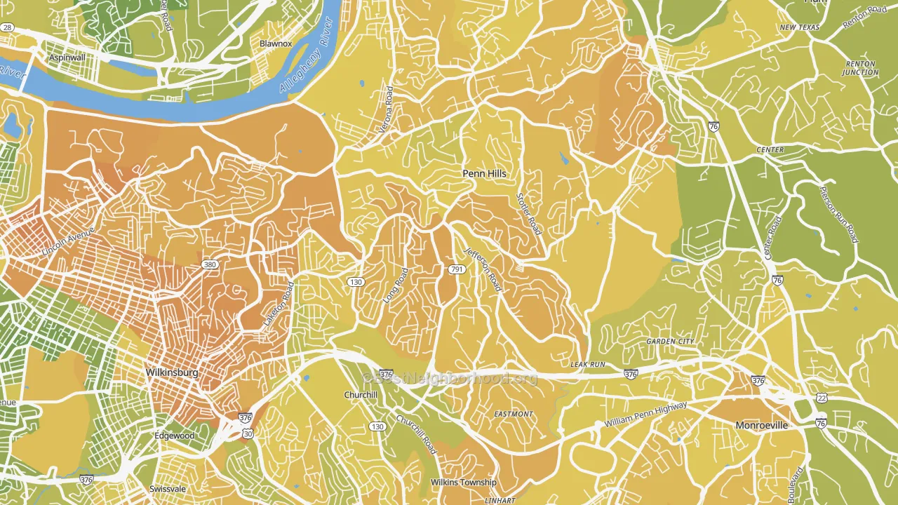 Map of the best neighborhoods in the 15235 area, with better matches in green and worse matches in red