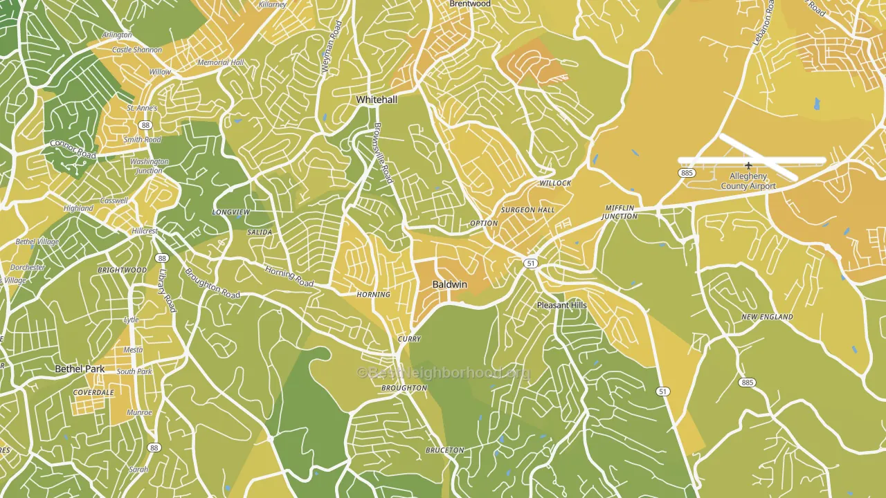 Map of the best neighborhoods in the 15236 area, with better matches in green and worse matches in red