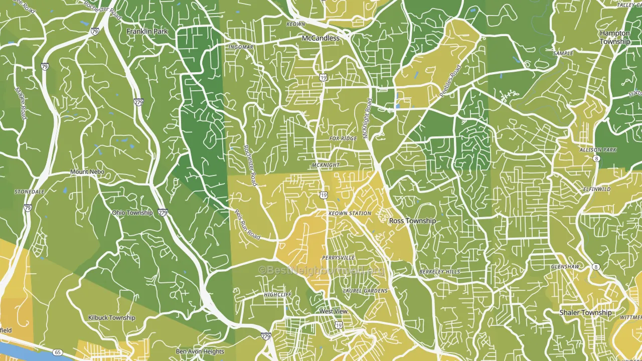 Map of the best neighborhoods in the 15237 area, with better matches in green and worse matches in red