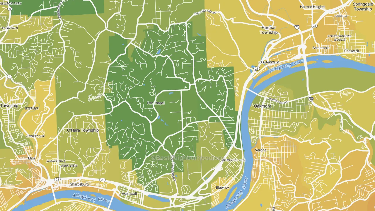 Map of the best neighborhoods in the 15238 area, with better matches in green and worse matches in red