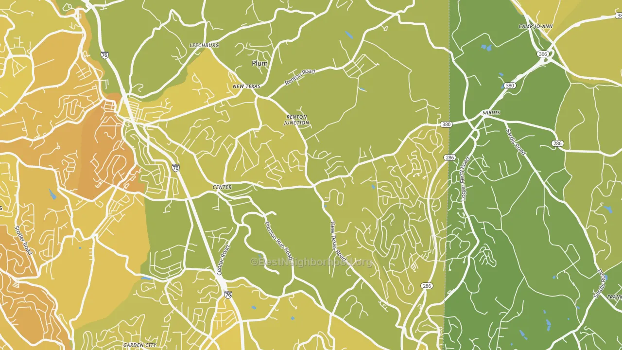 Map of the best neighborhoods in the 15239 area, with better matches in green and worse matches in red