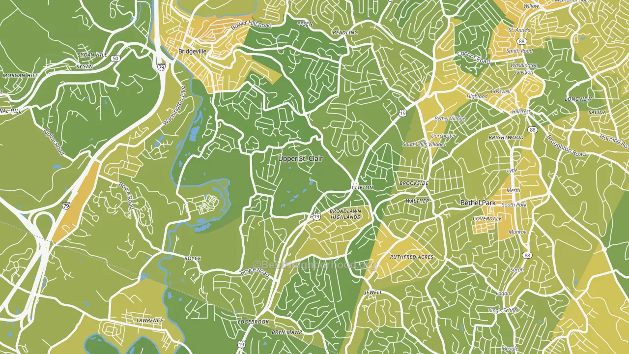 Map of the best neighborhoods in the 15241 area, with better matches in green and worse matches in red