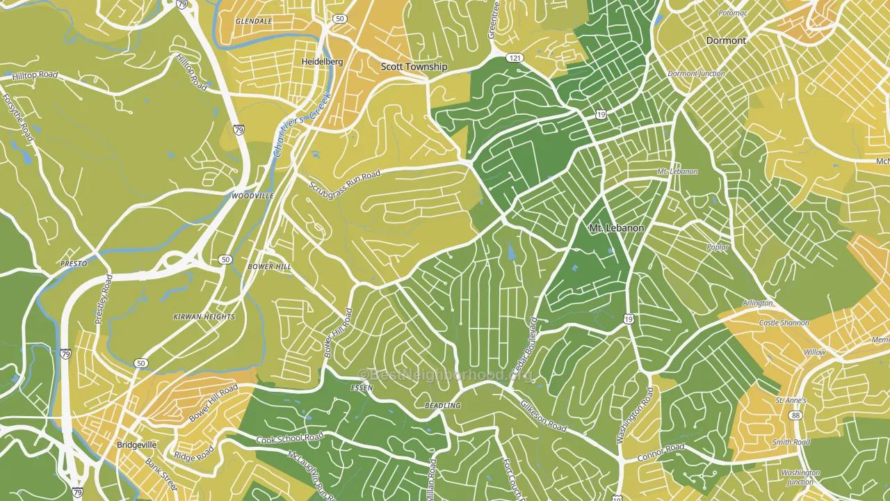 Map of the best neighborhoods in the 15243 area, with better matches in green and worse matches in red