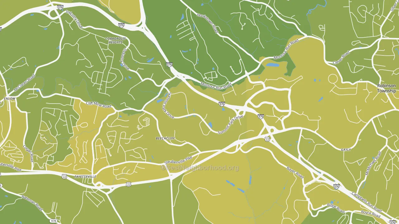Map of the best neighborhoods in the 15275 area, with better matches in green and worse matches in red