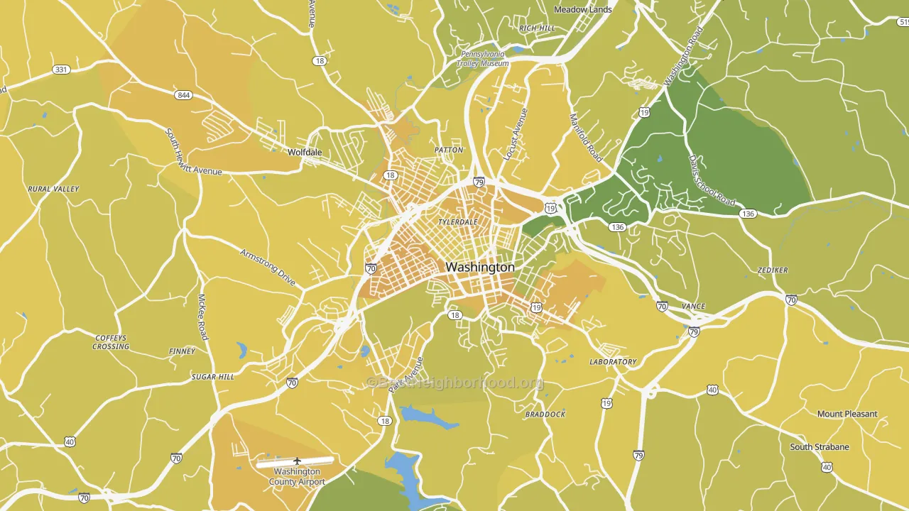 Map of the best neighborhoods in the 15301 area, with better matches in green and worse matches in red