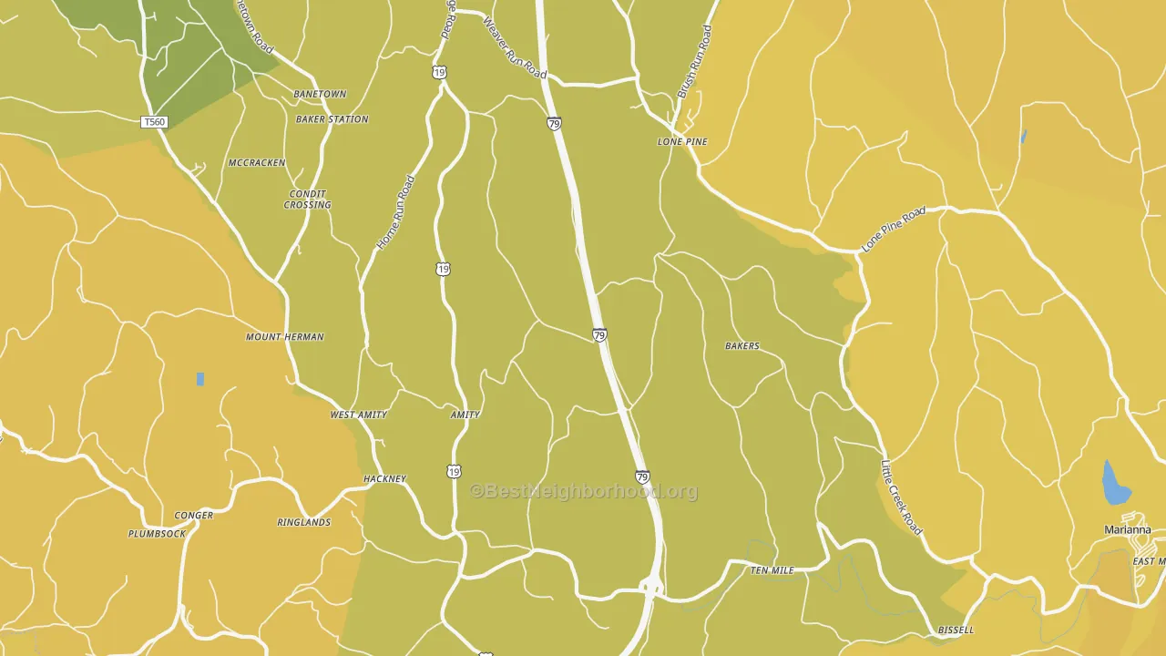 Map of the best neighborhoods in the 15311 area, with better matches in green and worse matches in red