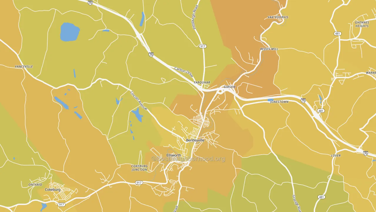 Map of the best neighborhoods in the 15314 area, with better matches in green and worse matches in red