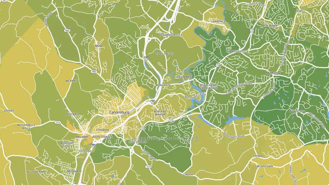 Map of the best neighborhoods in the 15317 area, with better matches in green and worse matches in red