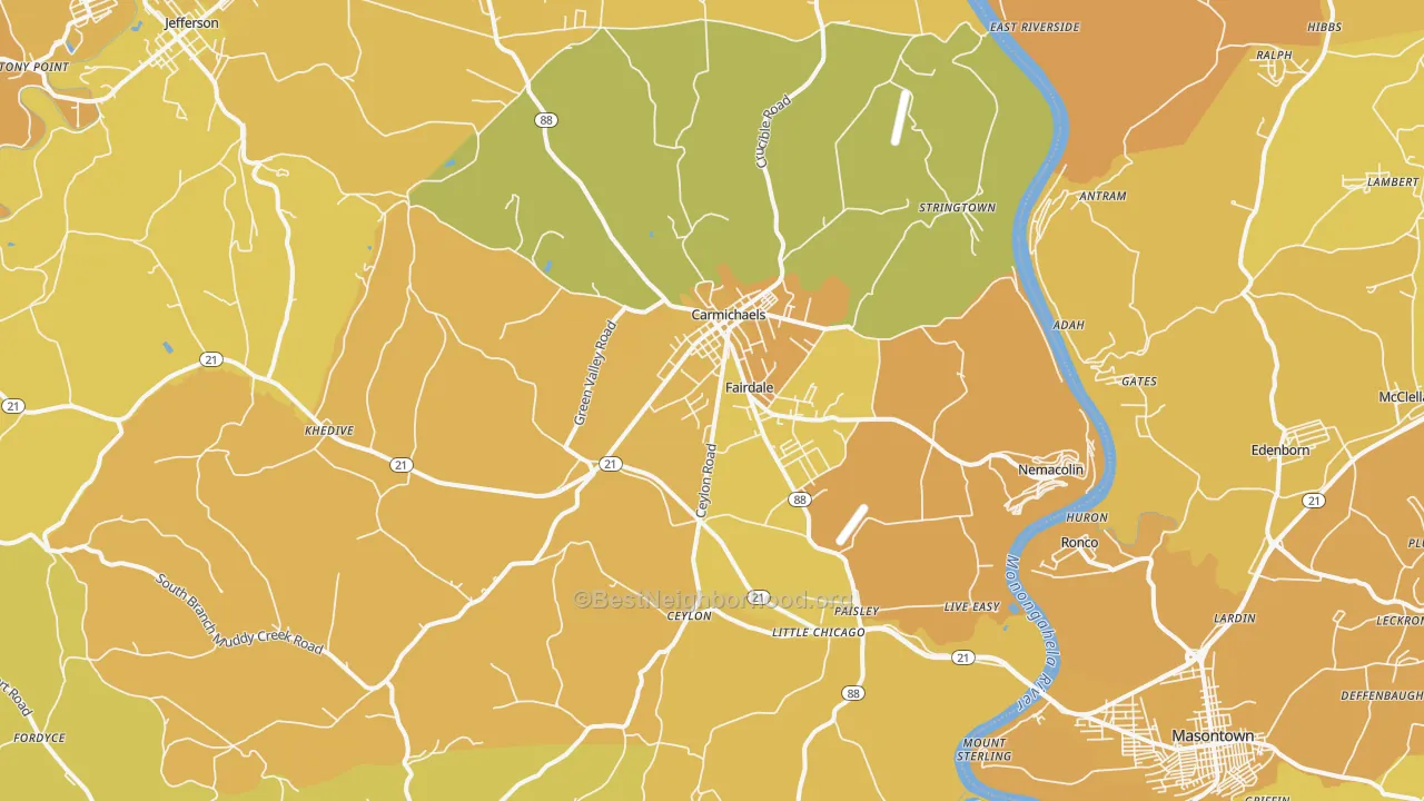 Map of the best neighborhoods in the 15320 area, with better matches in green and worse matches in red
