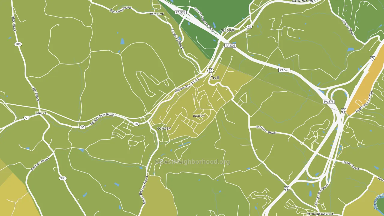 Map of the best neighborhoods in the 15321 area, with better matches in green and worse matches in red