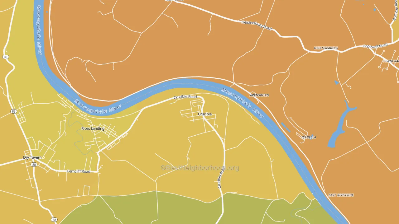 Map of the best neighborhoods in the 15325 area, with better matches in green and worse matches in red